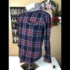 21men Long Sleeve Plaid Button Down Hoodie Small